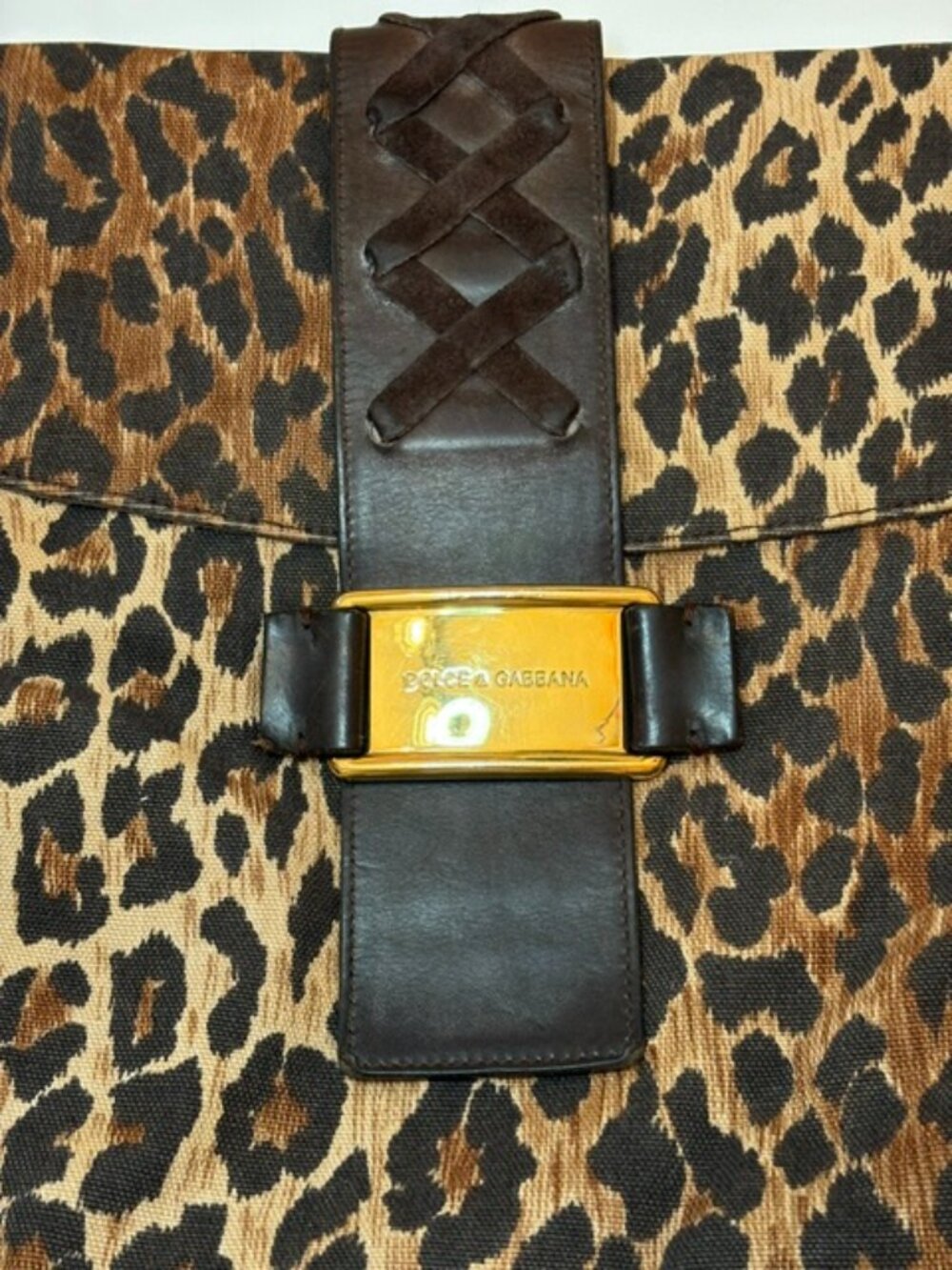 Vintage Dolce & Gabbana Leopard Canvas & Brown Leather Shoulder Bag